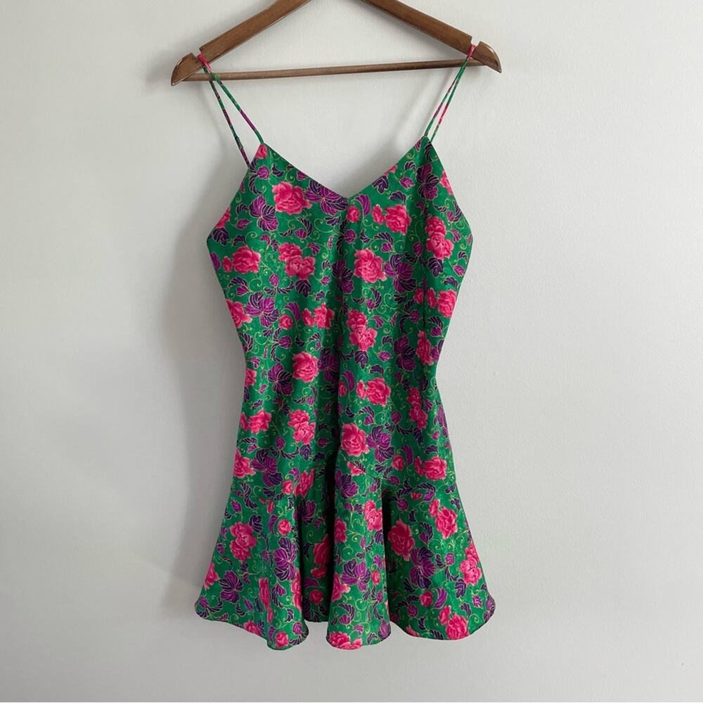 Victoria's Secret Gold Label Babydoll Satin Green Floral Nighty Nightgown Dress